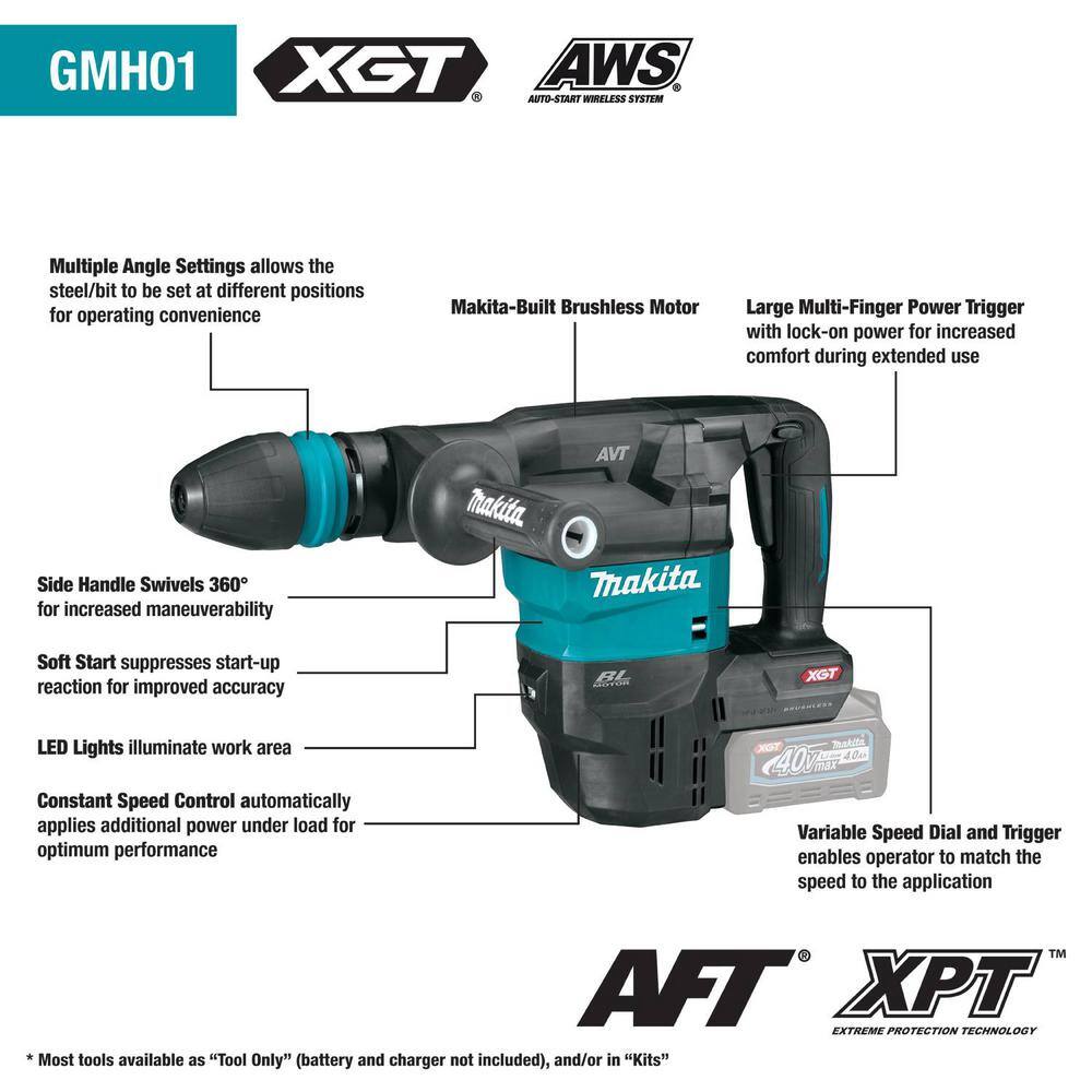 Makita 40V max XGT 19-12 in. Brushless Cordless 15 lbs. AVT Demolition Hammer AWS (Tool Only) GMH01Z