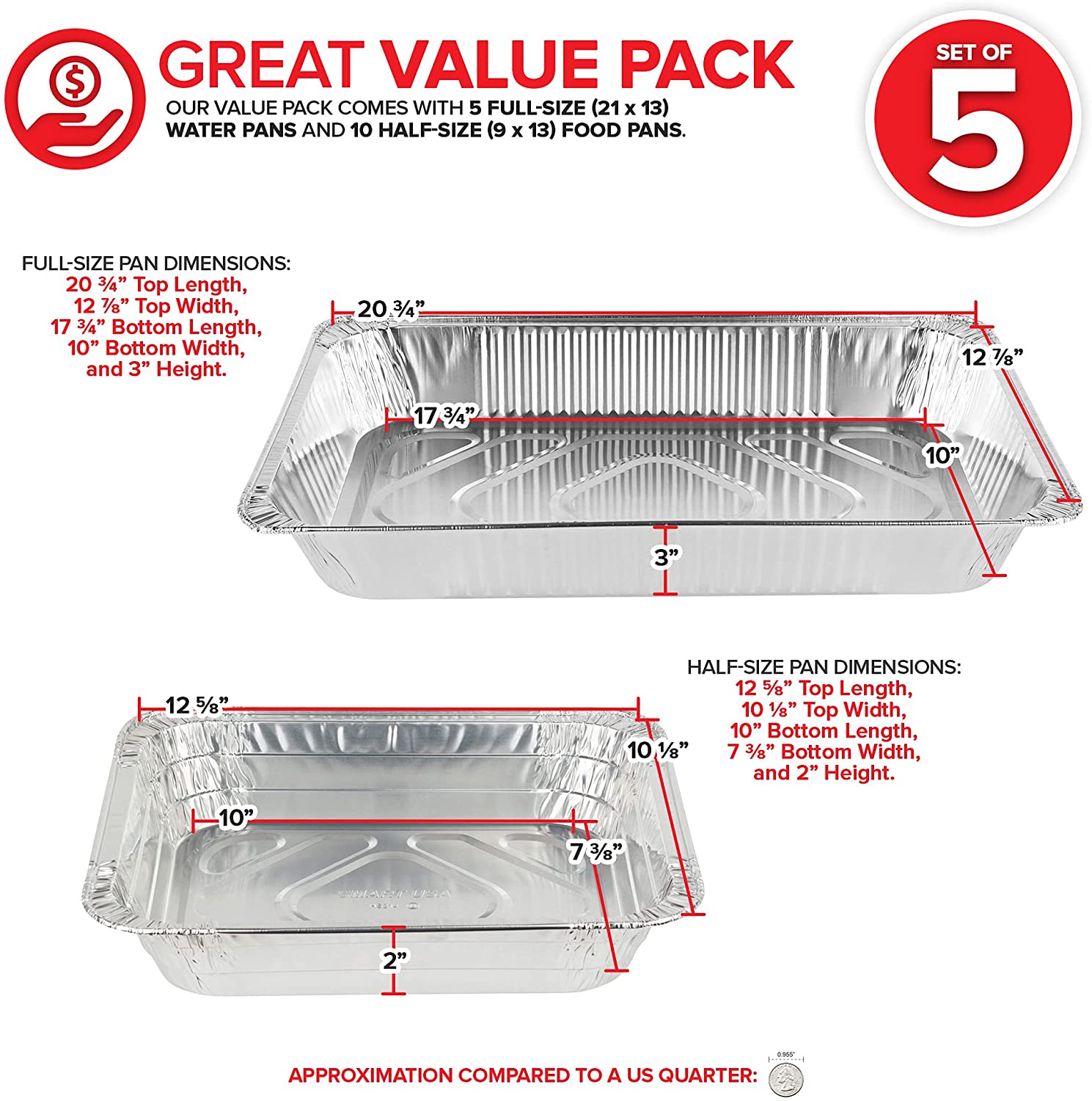 Stock Your Home Chafing Pan Set - 21 x 13 Full Size (5 Pack) - 9 x 13 Half Size (10 Pack) Rectangular Catering Dishes