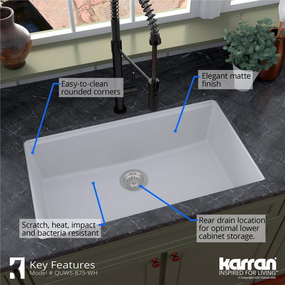 Karran QUWS- 875 Quartz 32.5 in. Single Bowl Undermount Workstation Kitchen Sink in White QUWS-875-WH