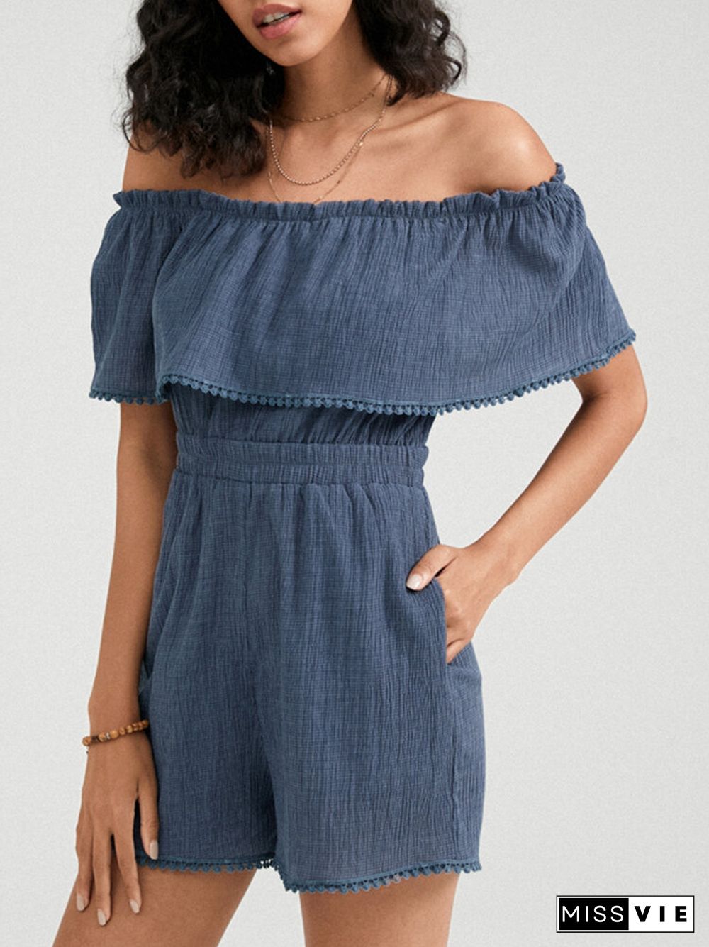 Ruffle Off Shoulder Solid Short Sleeve Women Romper