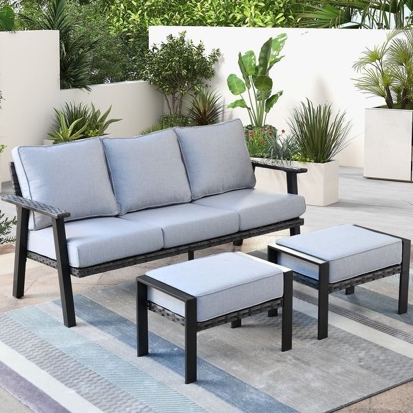 OVIOS Outdoor 3piece Wicker Sectional Sofa Set With Ottoman Steel Frame