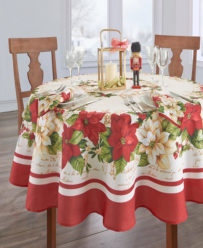 Elrene Red and White Poinsettias Tablecloth - 60 x 84 Oval