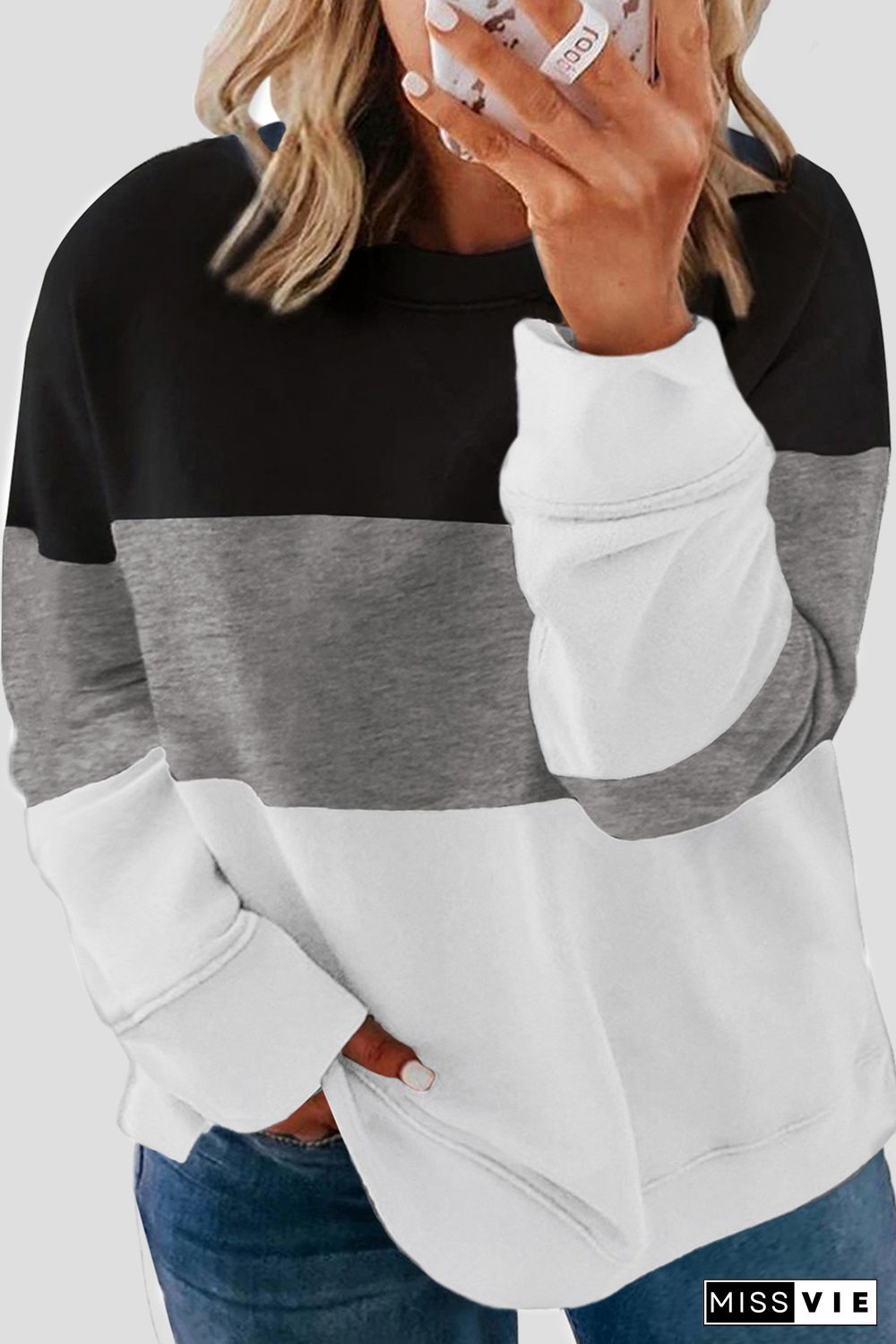 White Crew Neck Colorblock Plus Size Sweashirt