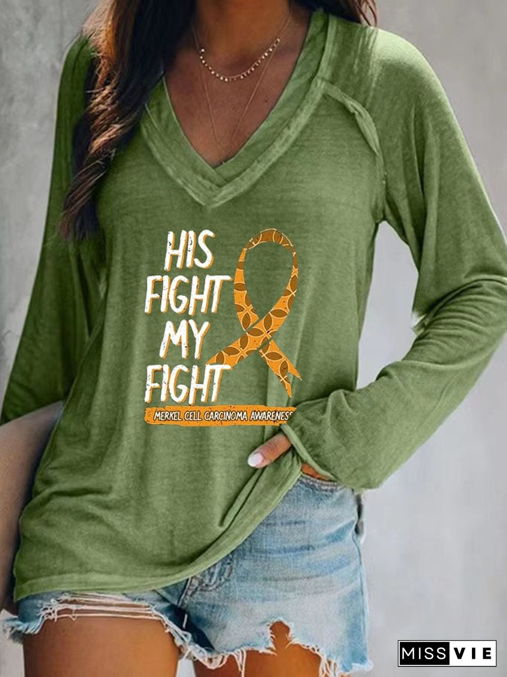 His Fight Is My Battle Merkel Cell Skin Cancer Women's Casual Printed Long Sleeve T-Shirt