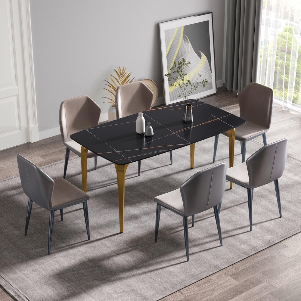 63 Inch Black Artificial Stone and Metal Leg Dining Table for 6 People