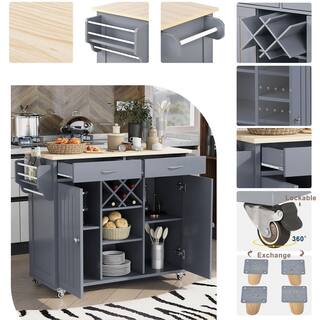 Runesay Gray Blue Kitchen Island Cart with 2 Storage Cabinets and 4 Locking Wheels 2-Drawers Wine Spice Rack Towel Rack EC-KIGB-9133