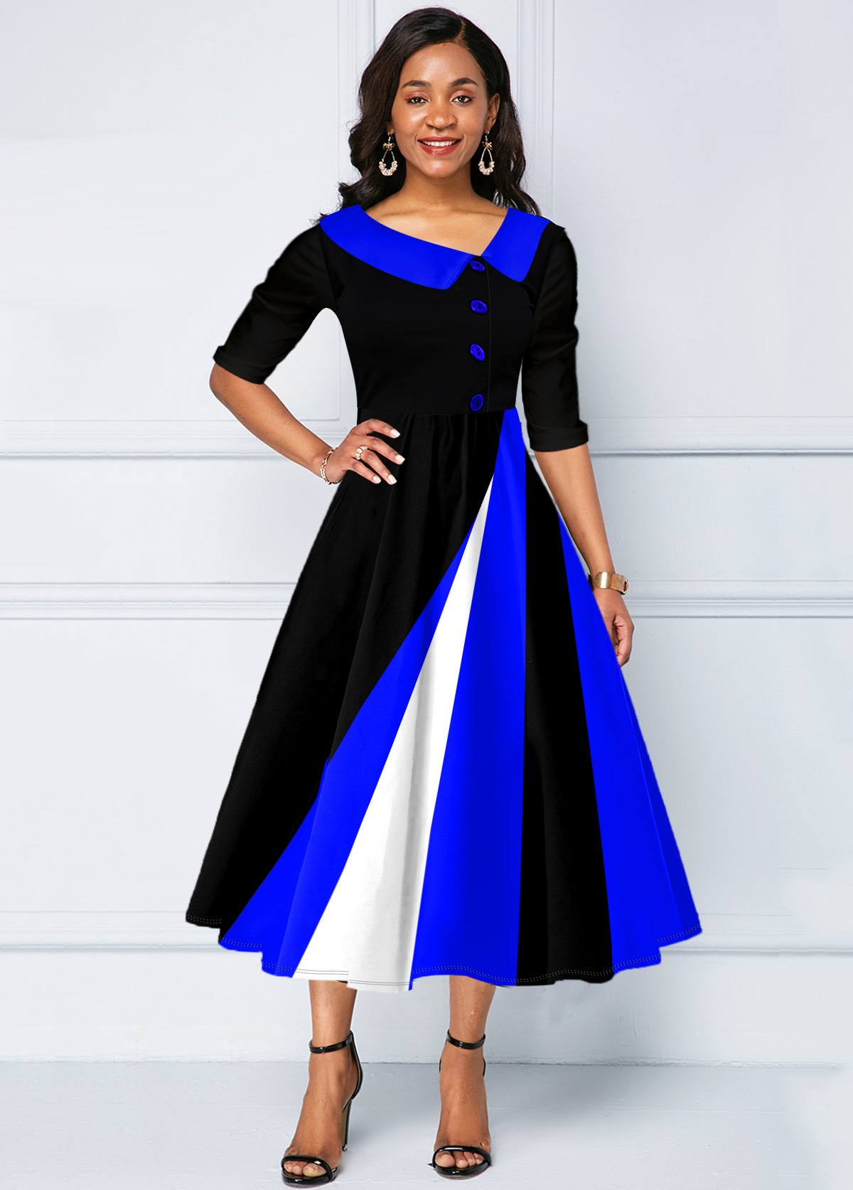 Contrast Geometric Print Decorative Button Dress