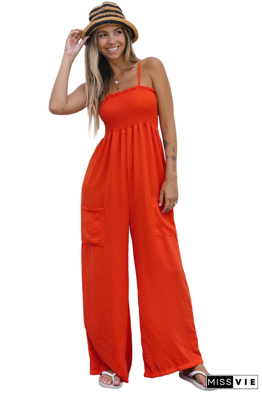 Smocked Spaghetti Straps Wide Leg Jumpsuit