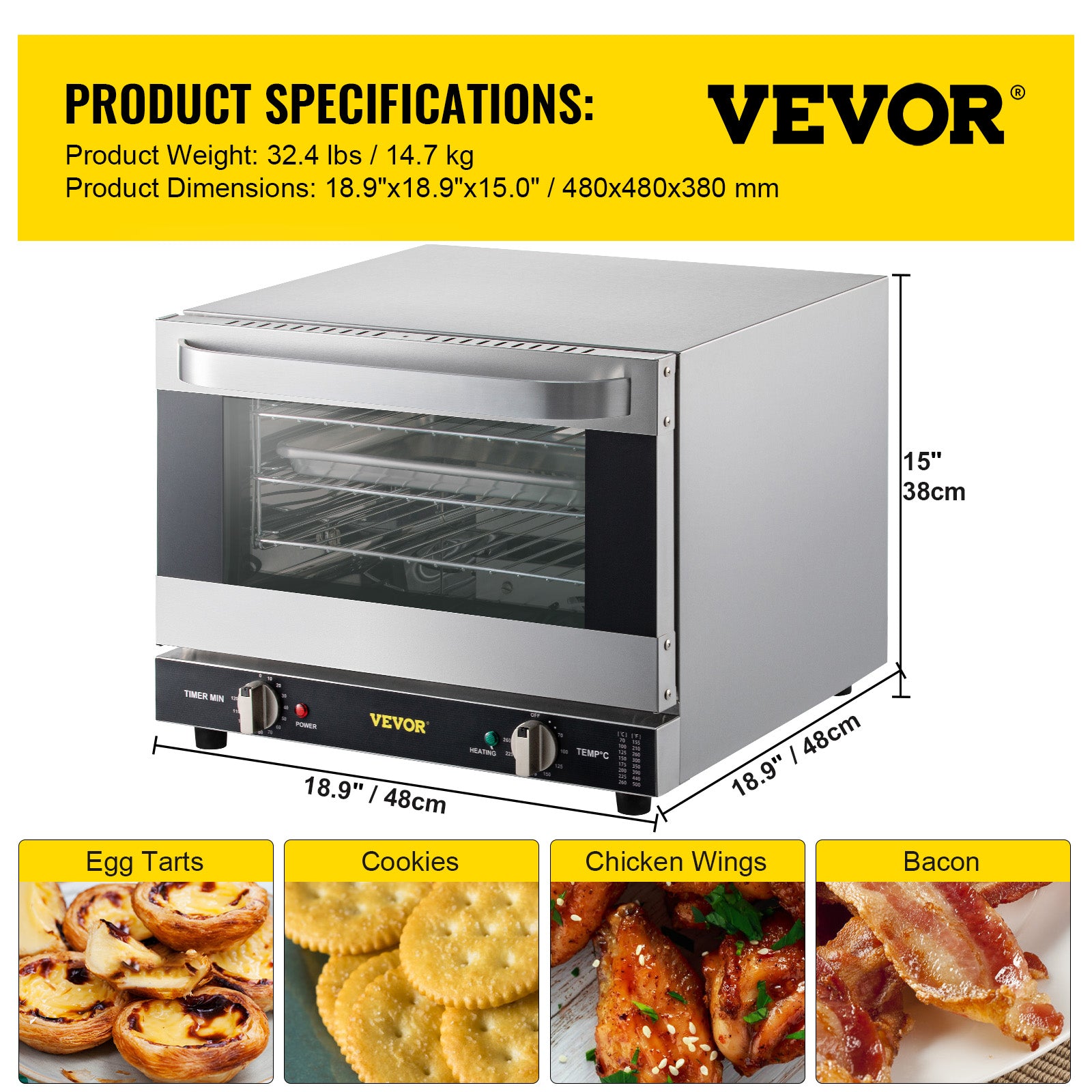 VEVOR Commercial Convection Oven,21L/19Qt,Quarter-Size Conventional Oven Countertop,1440W 3-Tier Toaster with Front Glass Door,Electric Baking Oven with Trays Wire Racks Clip Gloves, 120V, ETL Lisith