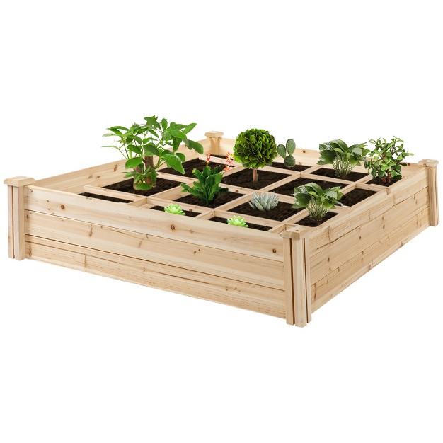 Outsunny 4ft X 4ft Raised Garden Bed， Wooden Planter Box With Segmented Growing Grid For Plants and Herbs， Natural Wood