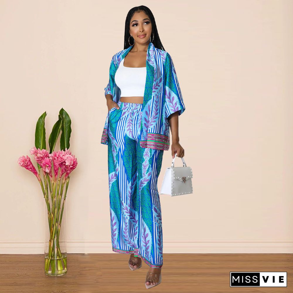 African Loose Shirt Tops Wide Leg Pants 2 Piece Set