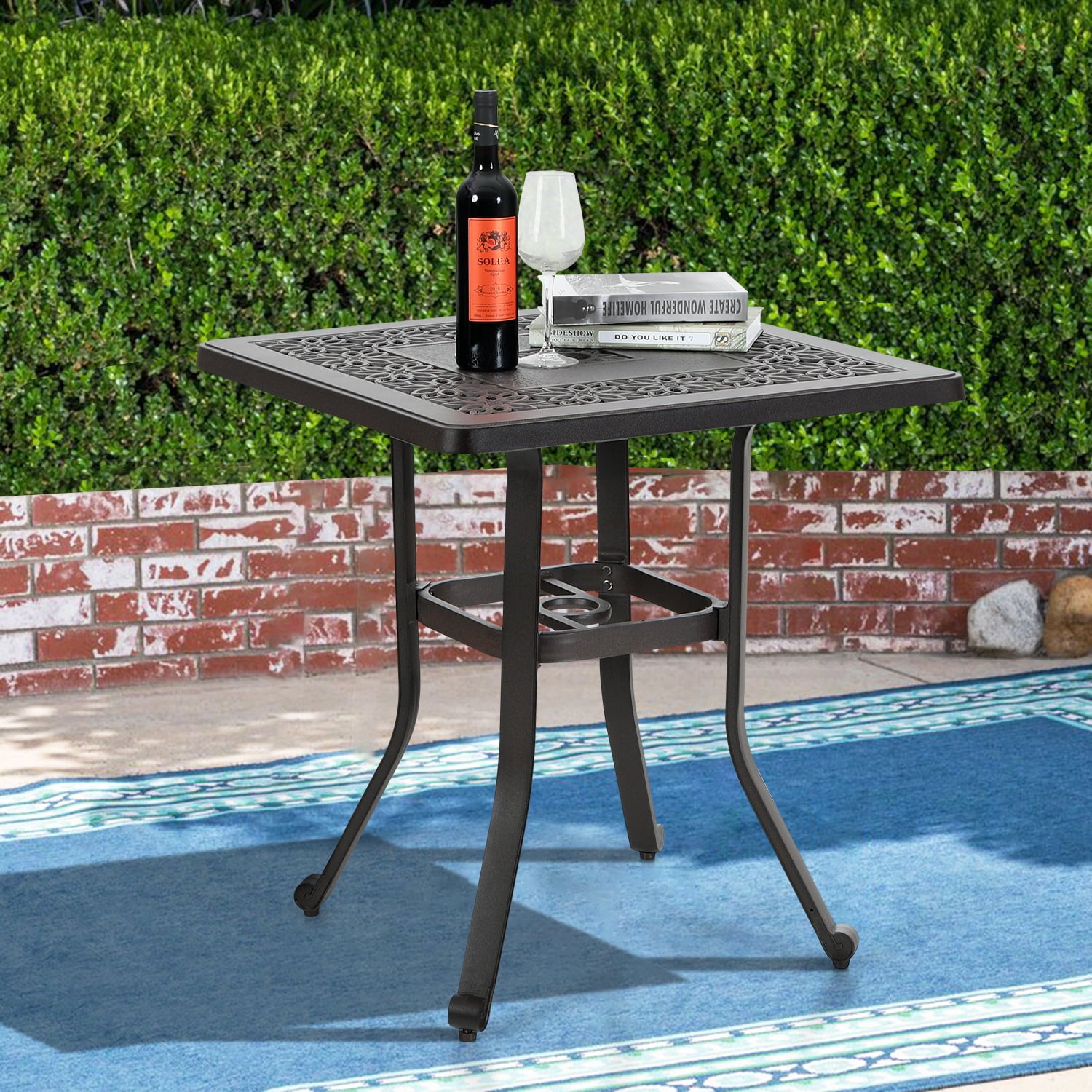 MF Studio Outdoor Table Cast Aluminum Bistro Square Dining Table with Umbrella Hole and Frosted Surface Suitable for Patio Garden Poolside