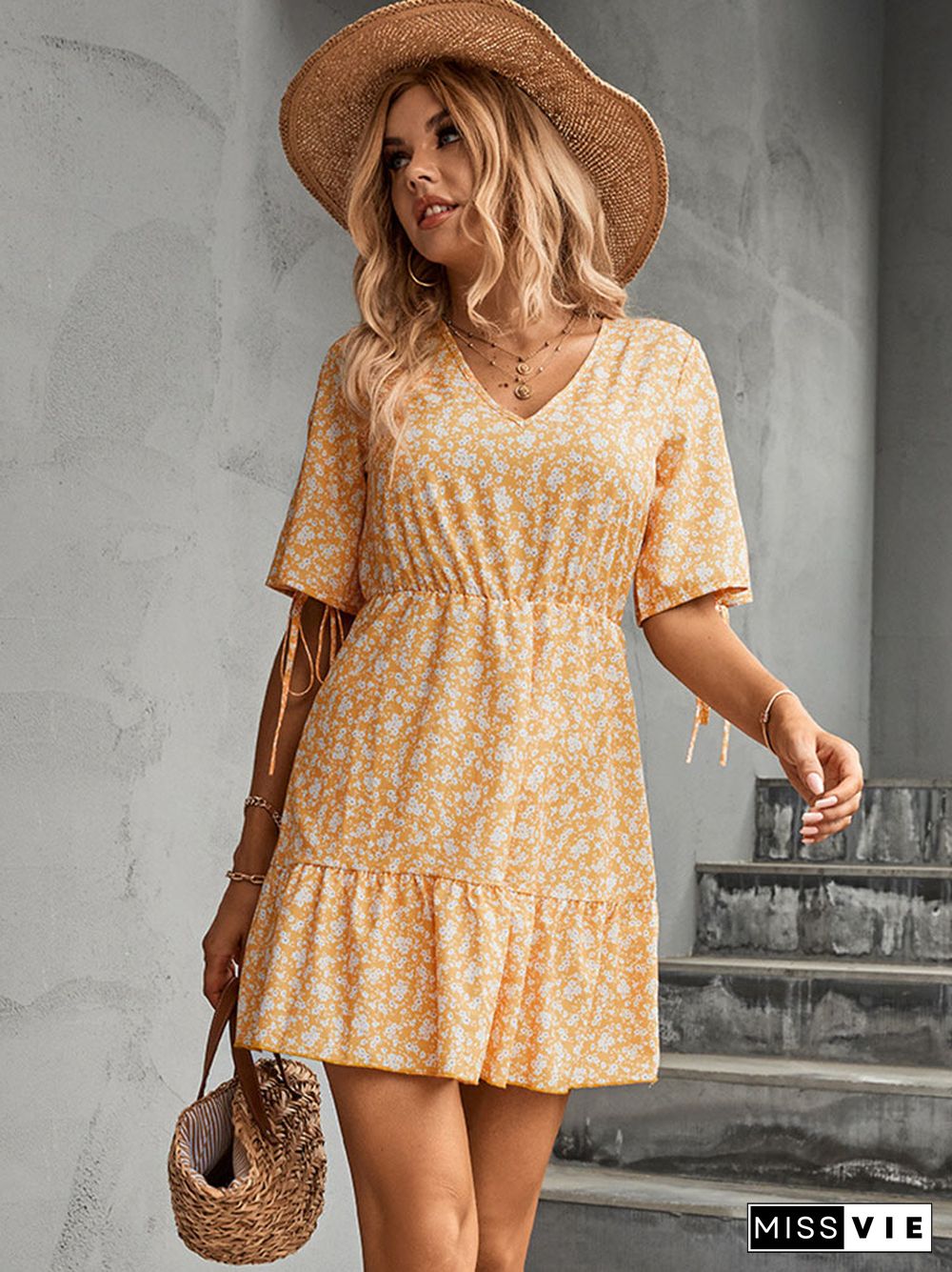 Women's Elegant V-neck Waist-patchwork Floral Dress Fashion Short Sleeve Lace Up Streetwear Casual Dresses For Women Vestidos