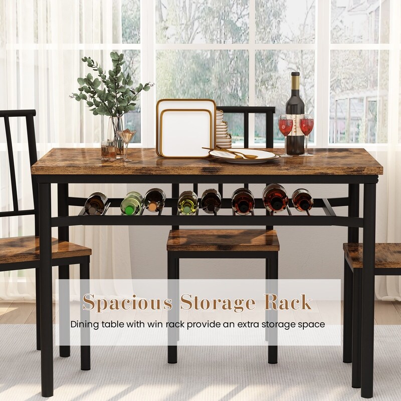 Modern Industrial Dining Table Set for 4  5 Piece Wood Kitchen Table and Chairs  Dining Room Table Set with Storage Rack