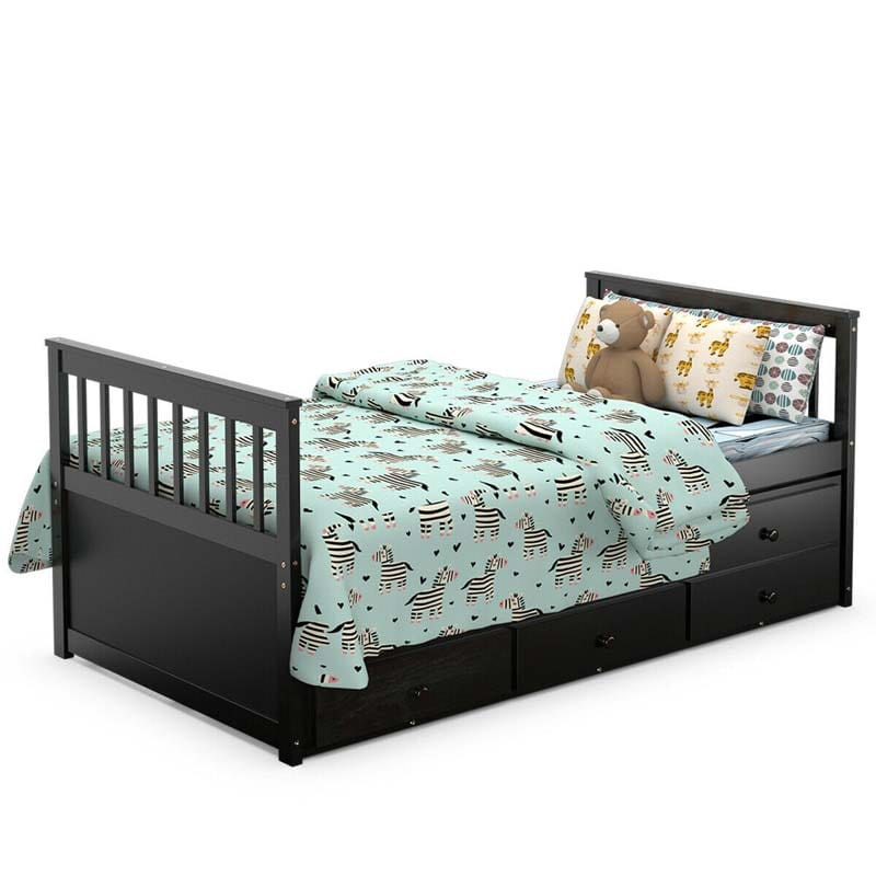 Twin Captain's Bed with Trundle Bed, Storage Daybed with 3 Drawers, Wooden Platform Bed for Kids Guests Sleepovers