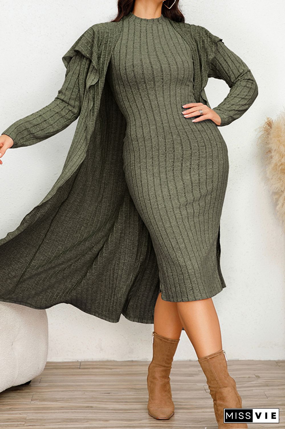 Solid Ribbed Split Hem Midi Dress & Longline Cardigan Set