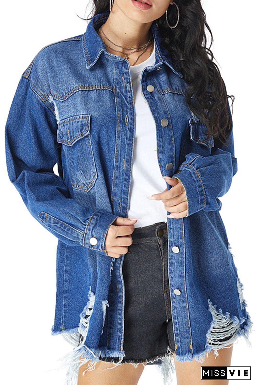 Buttons Front Raw Hem Ripped Denim Jacket Women Wholesale