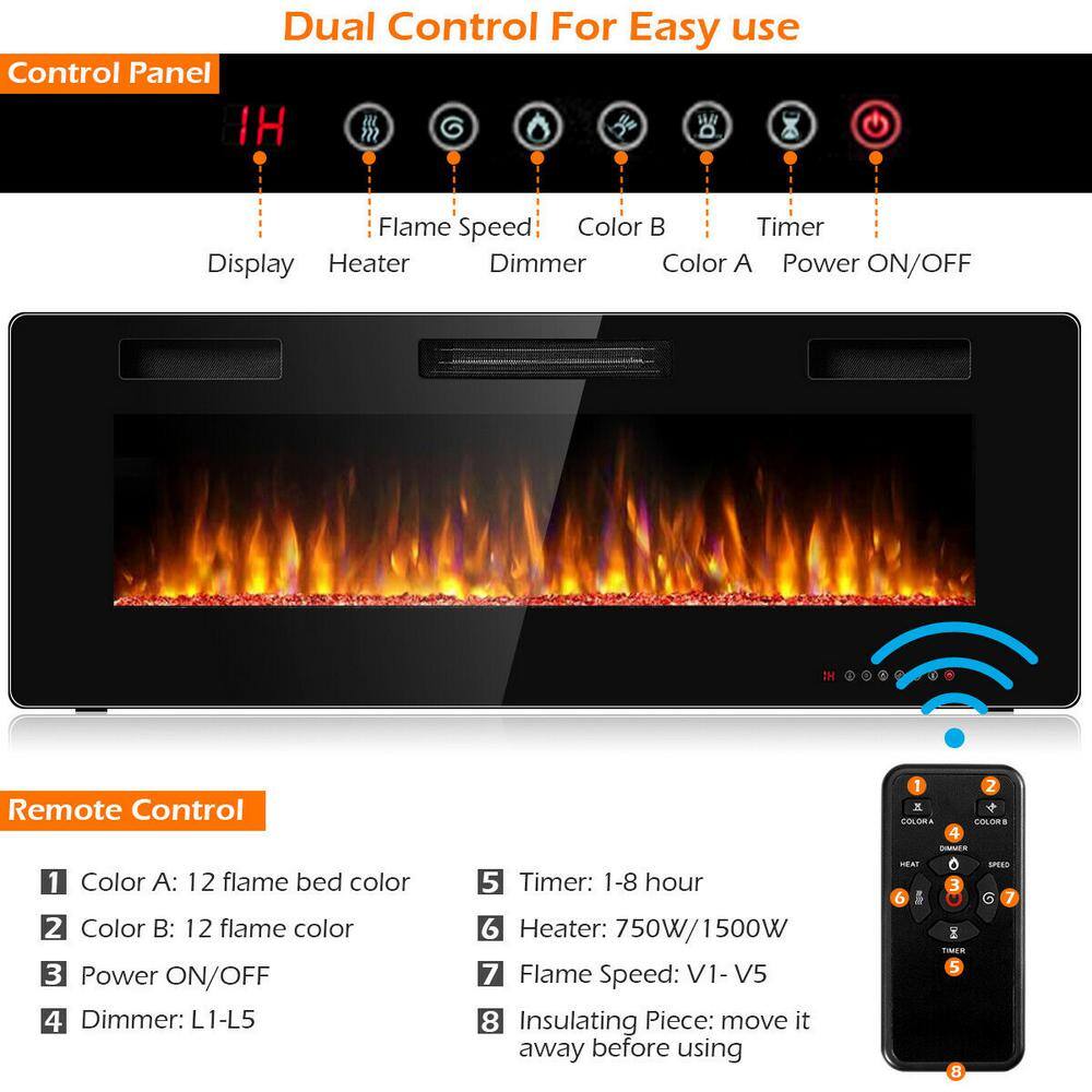 Costway 5100 BTU 50 in. Fireplace Recessed Ultra-Thin Electric Wall-Mounted Heater Furnace with Multicolor Flame GHM0486