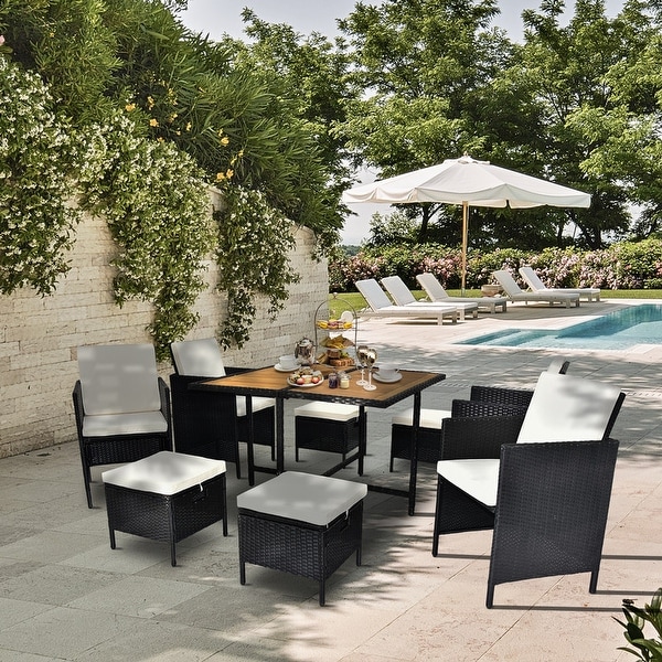 Outdoor 8Person Wicker and Acacia Wood Dining Set with Cushions