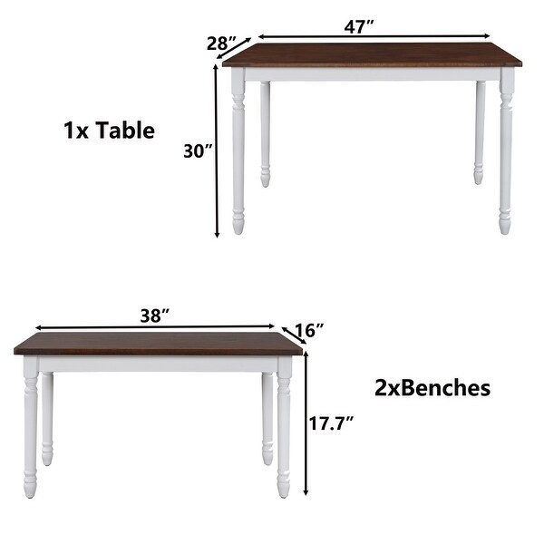 3-Piece Retro Farmhouse Solid Wood Kitchen Dining Table Set Breakfast Nook with 2 Benches