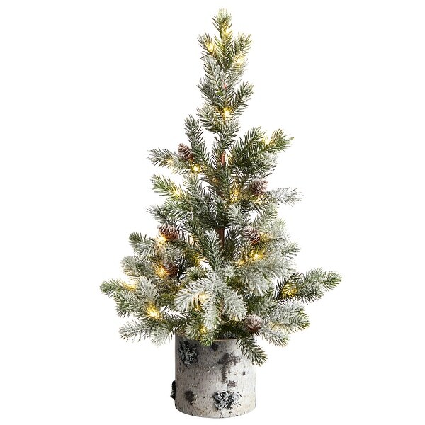 24 Flocked Christmas Tree in Decorative Birch Bark Planter