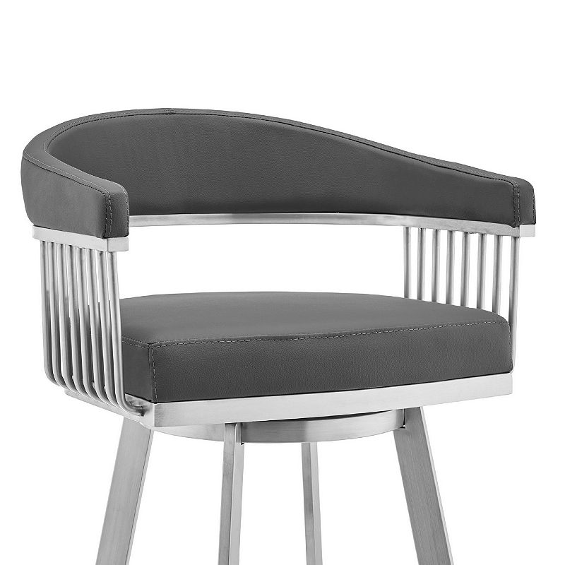 Swivel Barstool with Open Frame and Slatted Metal Arms， Gray and Silver