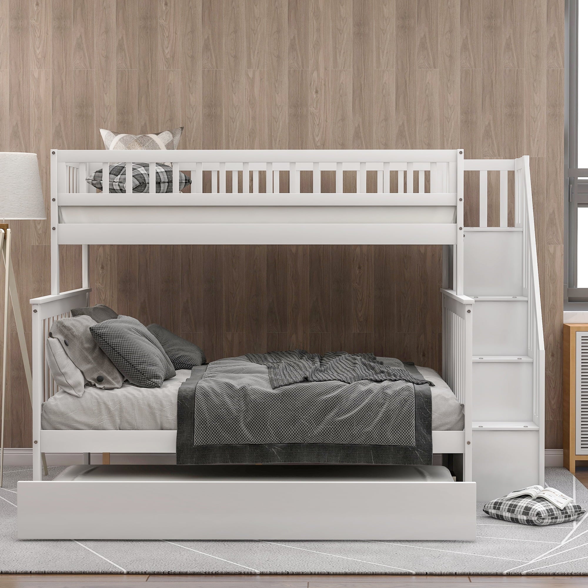 Euroco Twin Over Full Bunk Bed with Trundle and Stairs for Kids, White