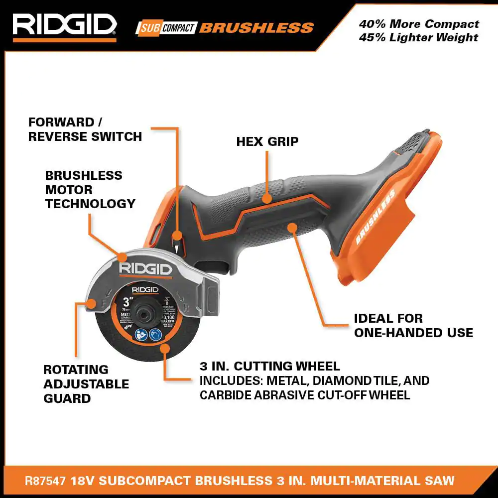 Ridgid 18V SubCompact Brushless Cordless 3 in. Multi-Material Saw (Tool Only) With (3) Cutting Wheels