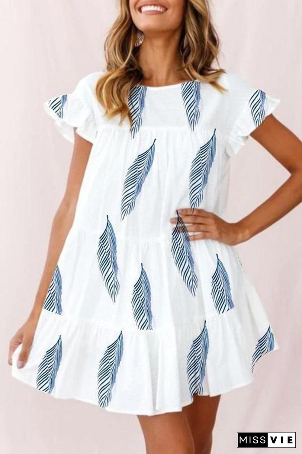 Ruffle Feather Print Casual Dress