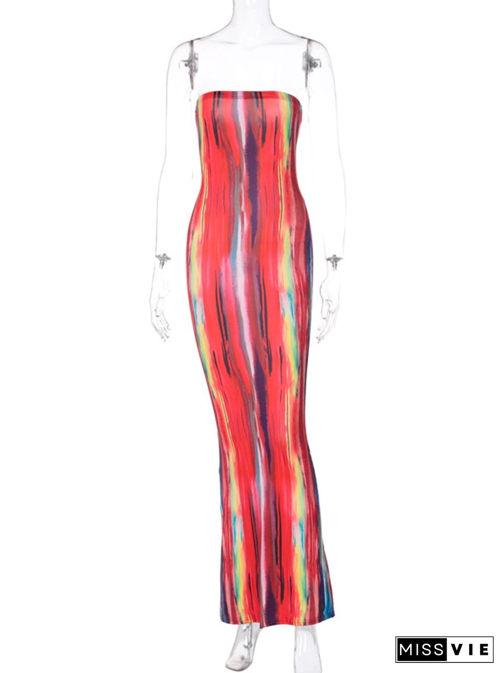 Tie Dye Skinny Strapless Maxi Dresses For Women Casual Street Sleeveless Sexy Tube Clubwear Party Birthday Dress Summer Clothes