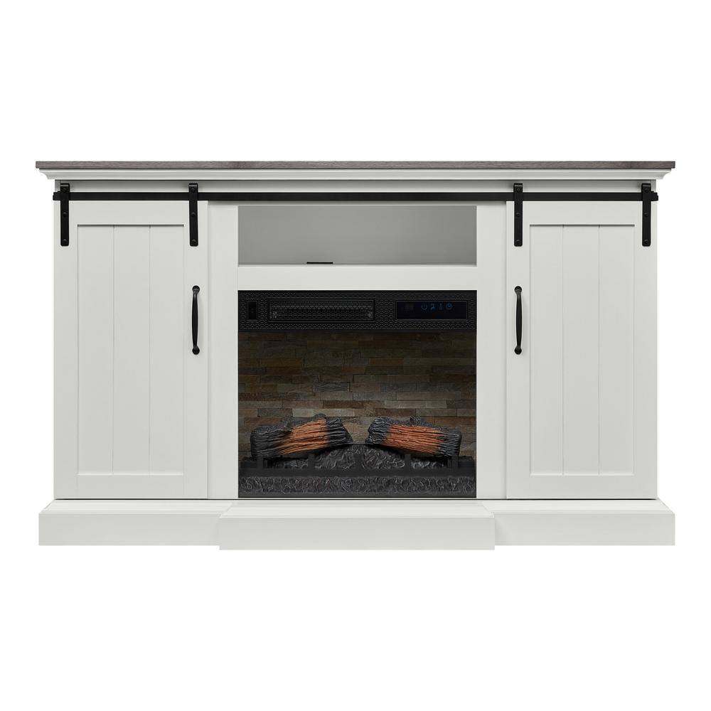 Home Decorators Collection Kerrington 60 in W. Freestanding Media Console Electric Fireplace TV Stand in White with Gray Top 150724