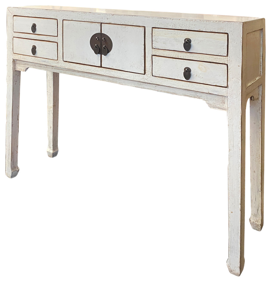 Oriental Rustic Off White Lacquer Drawers Slim Foyer Side Table Hcs6191   Farmhouse   Side Tables And End Tables   by Golden Lotus Antiques  Houzz