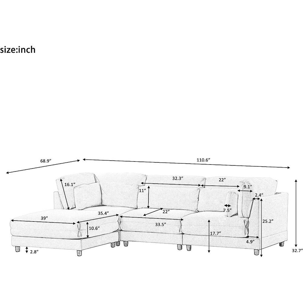 Modern 2 Piece Sectional Sofa with Removable Ottomans and Comfortable Waist Pillows