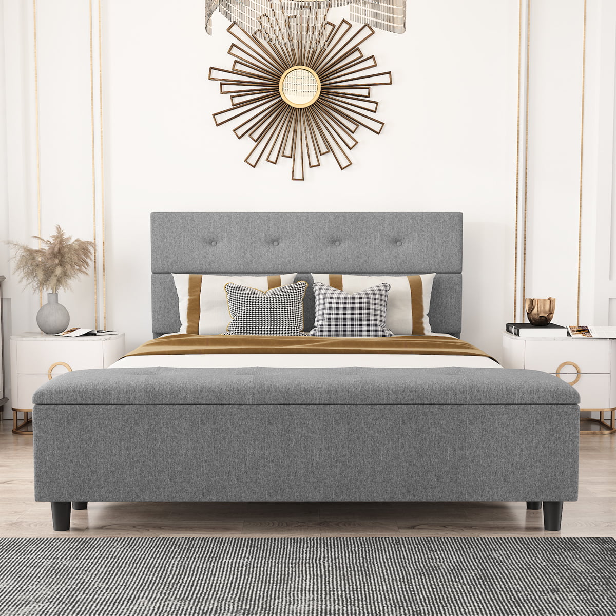 Amolife Queen Linen Platform Bed Frame with Button Tufted Headboard and Storage Ottoman Bench, Light Grey