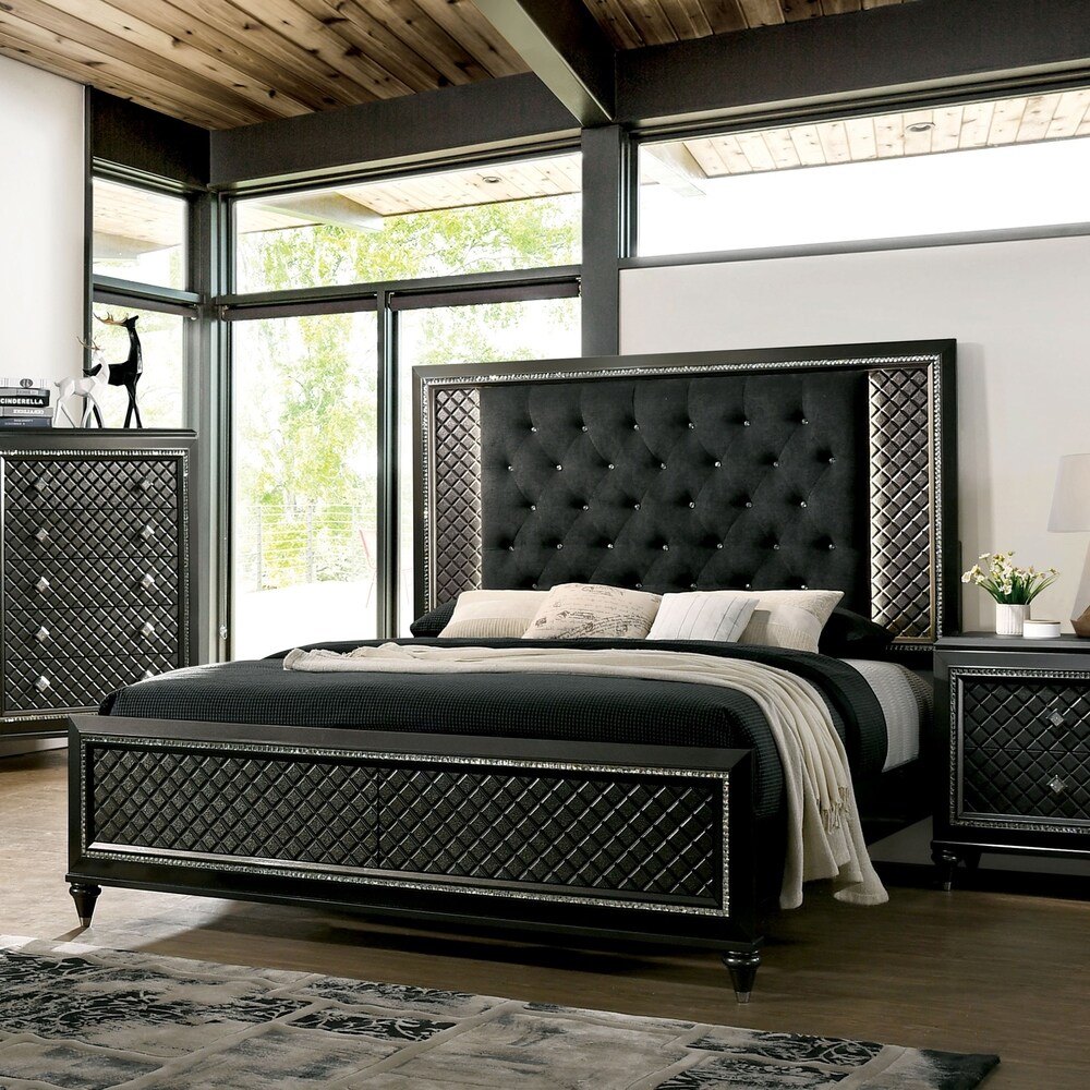 Furniture of America Quista Glam Grey Fabric Tufted LED Bed