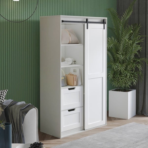 Wardrobe Closet and Cabinet with Hanging Rod， Clothes Locker，Classic Sliding Barn Door Armoire with Drawers for Bedroom - - 37348727