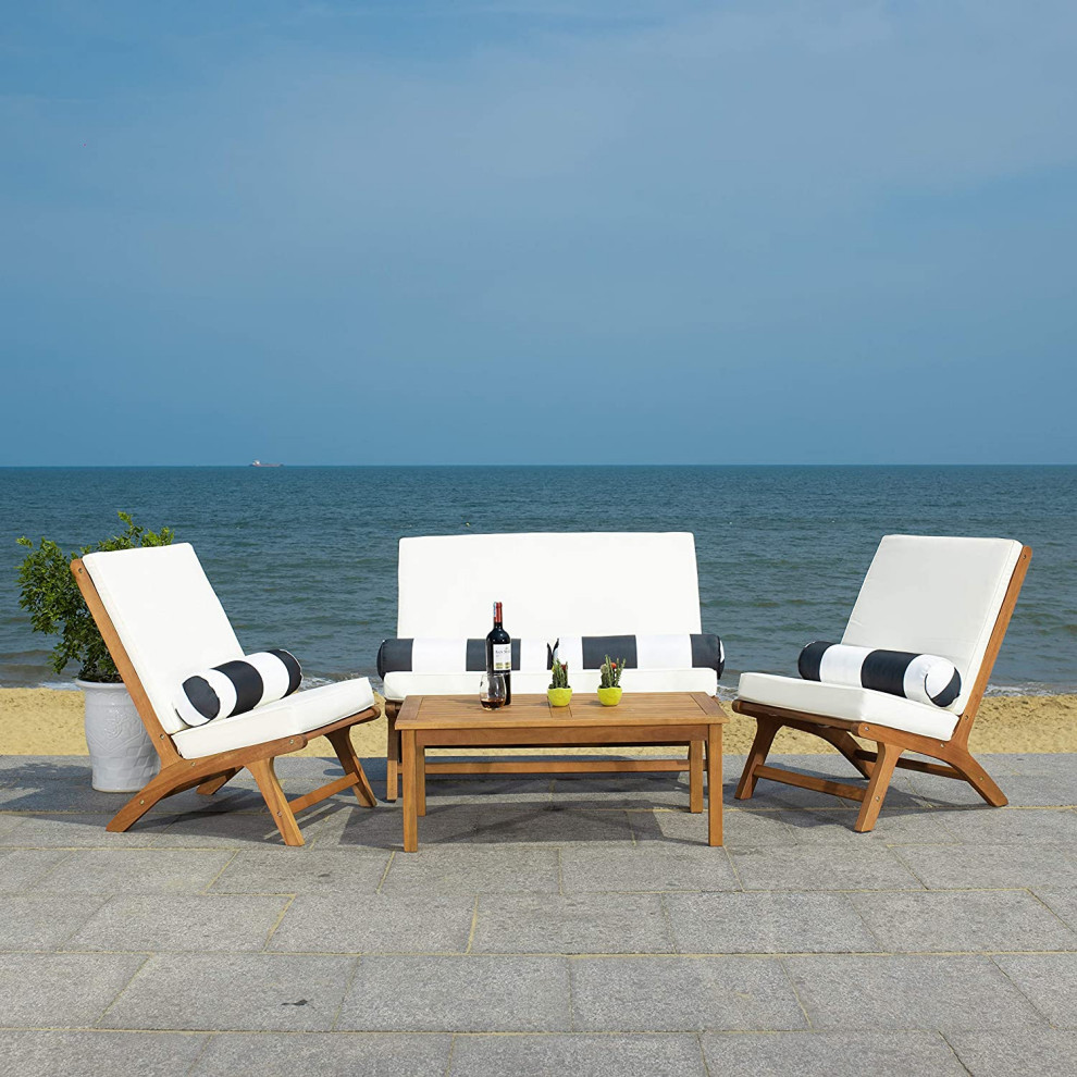 4 Piece Patio Set  Natural Frame  ampCushioned Chairs With Pillows   Transitional   Coffee Tables   by Declusia  Houzz