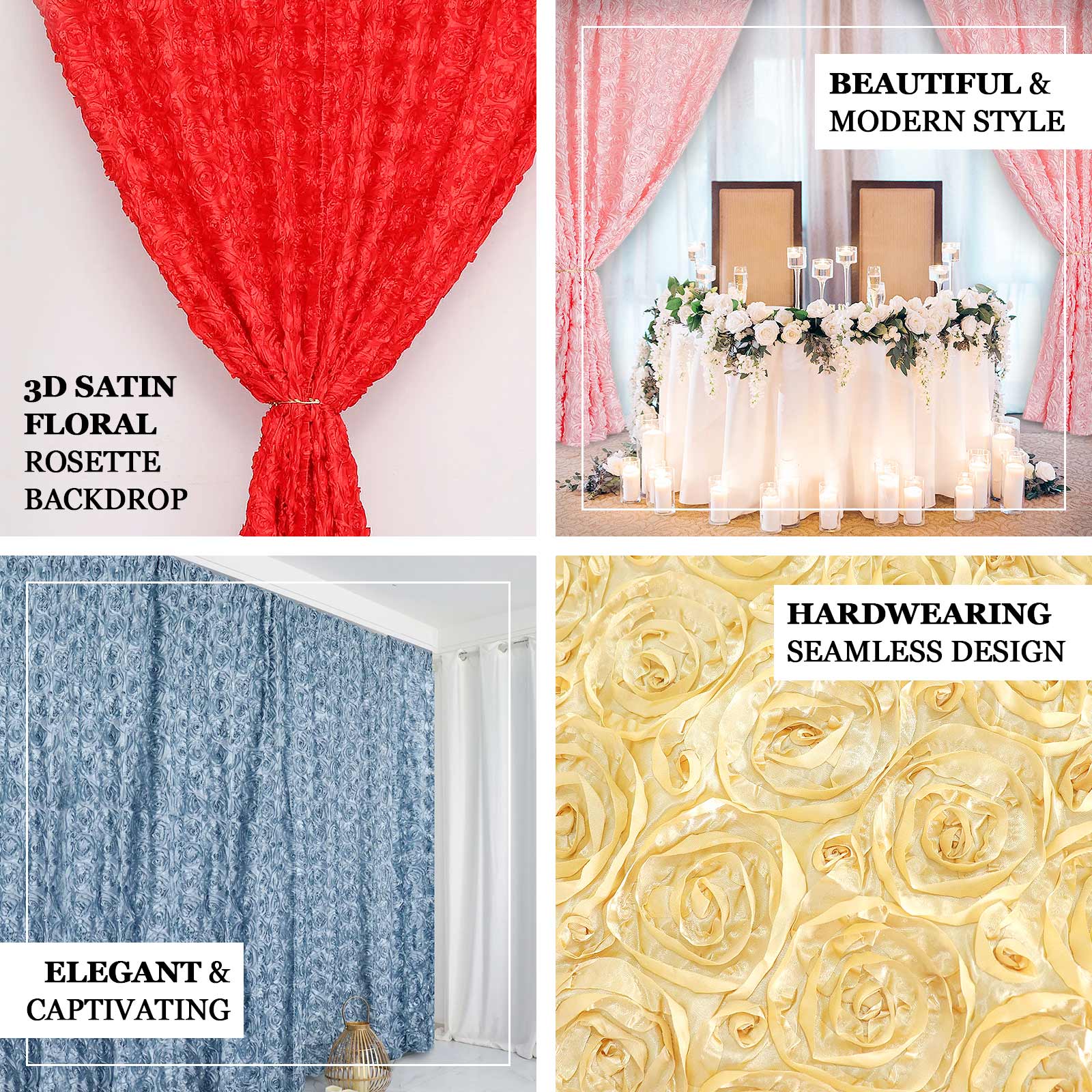 White Satin Rosette Backdrop Drape Curtain, Photo Booth Event Divider Panel - 8ftx8ft