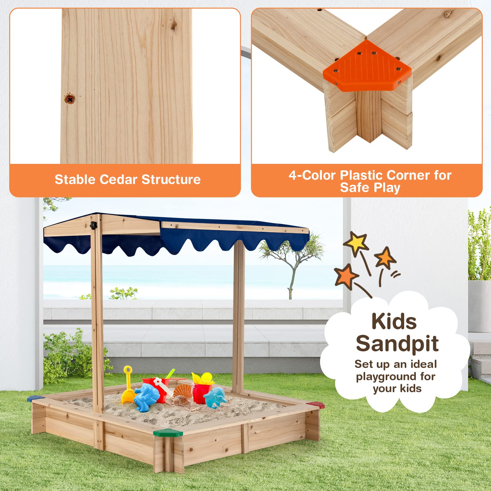 Costzon Kids Wooden Sandbox w/Convertible Canopy