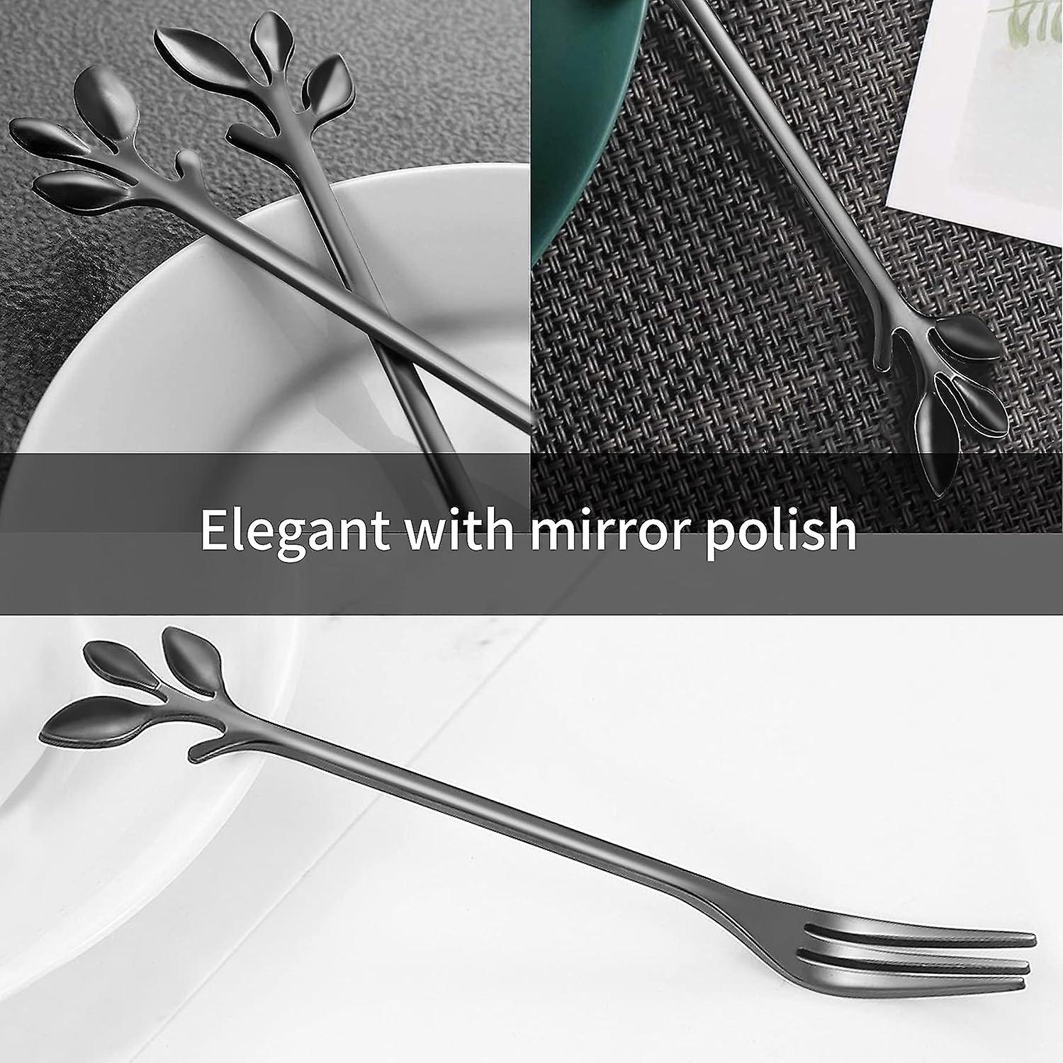 5 Pcs Black Dessert Forks Ifeico 4 7 Inch Stainless Steel Fruit Forks Creative Leaf Appetizer Forks Mini Cocktail