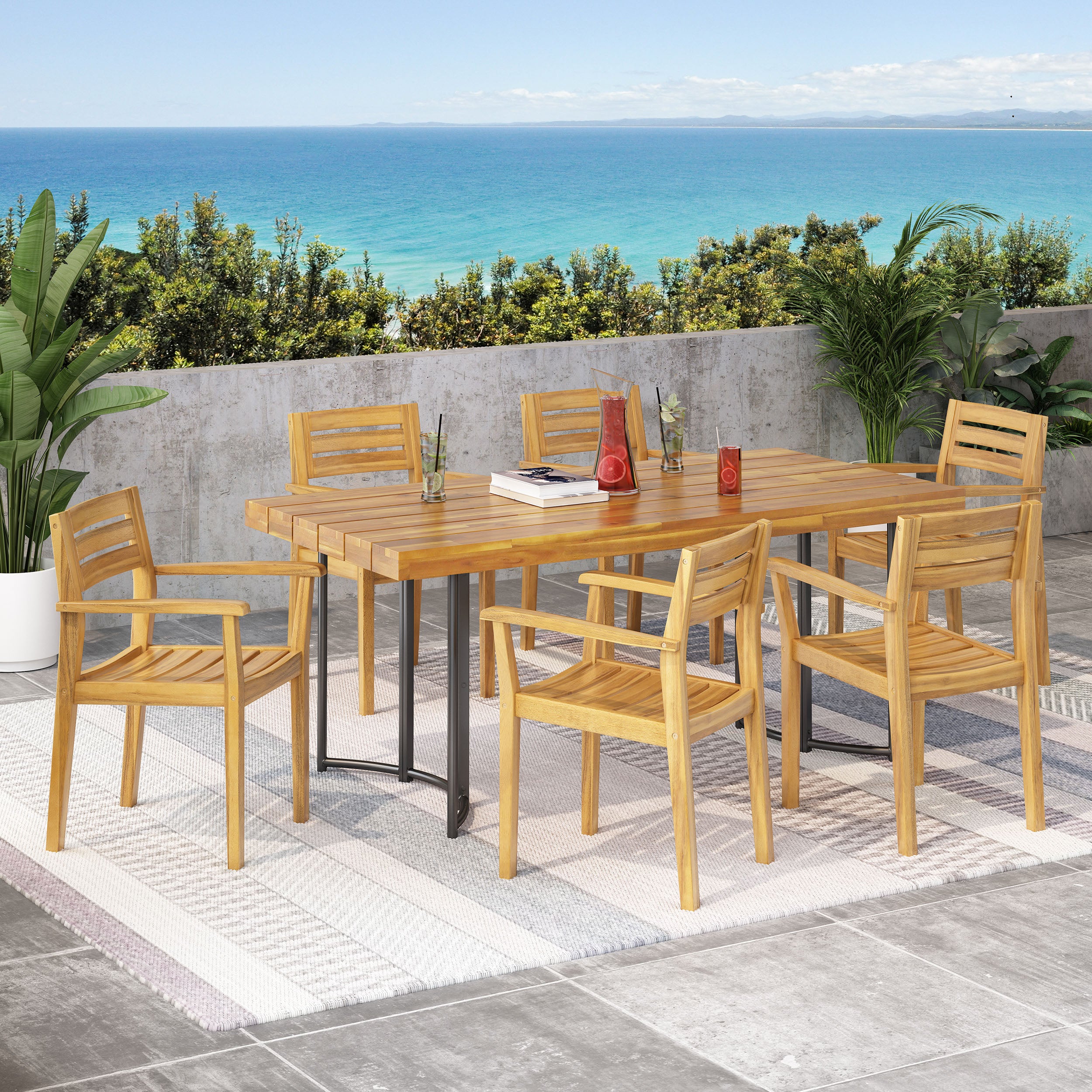 Serena Outdoor Modern Industrial 7 Piece Acacia Wood Dining Set