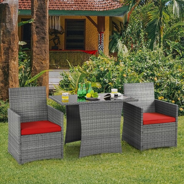 Gymax 3PCS Outdoor Rattan Conversation Set Patio Dining Table Set w/