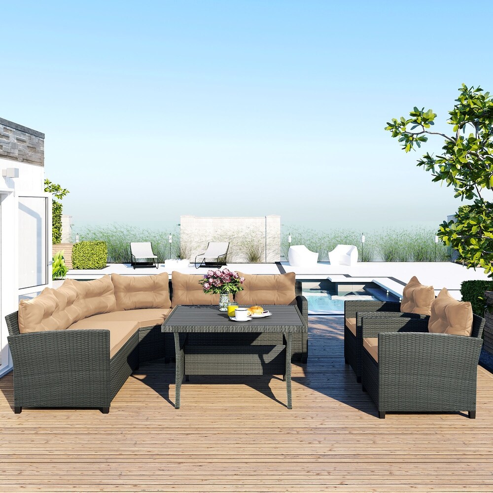 6 Piece Outdoor Wicker Sofa Set  Patio Rattan Dinning Set  Sectional Sofa with Thick Cushions and Pillows  Plywood Table Top