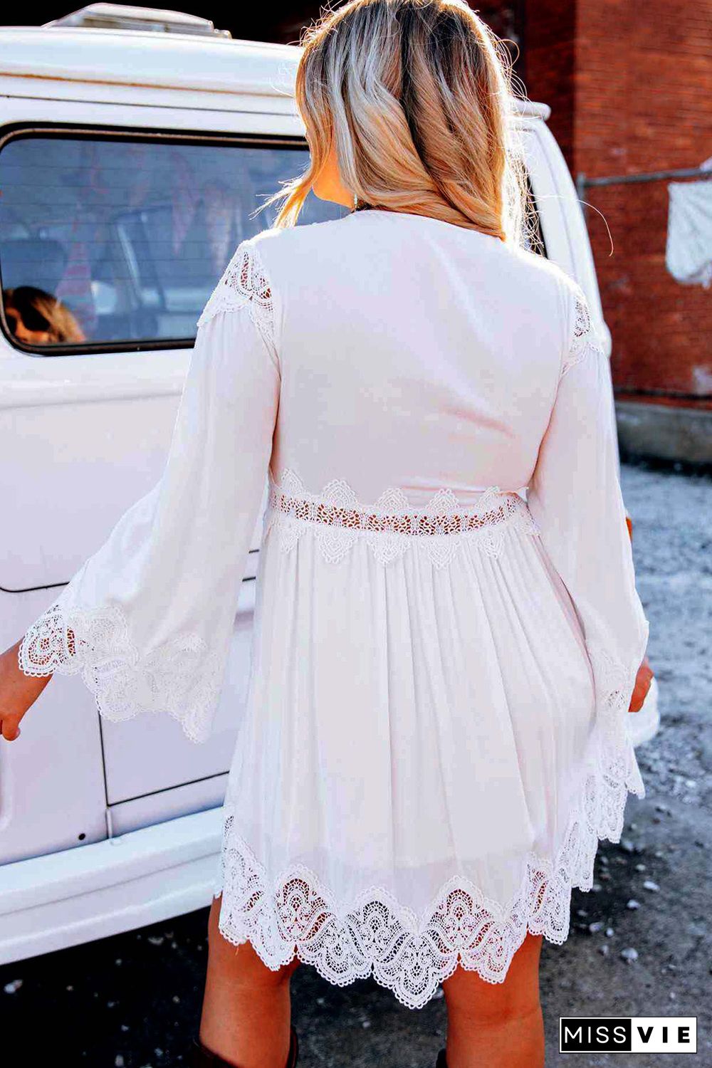 White Lace Splicing Ruffle Bell Sleeve V Neck Mini Dress