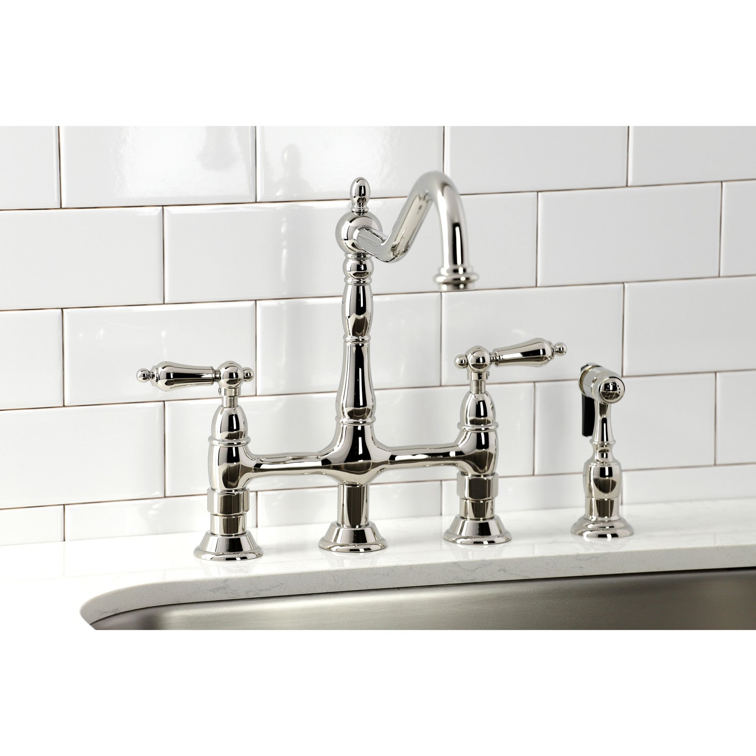 Kingston Brass KS1276ALBS Heritage Bridge Kitchen Faucet with Brass Sprayer， Polished Nickel