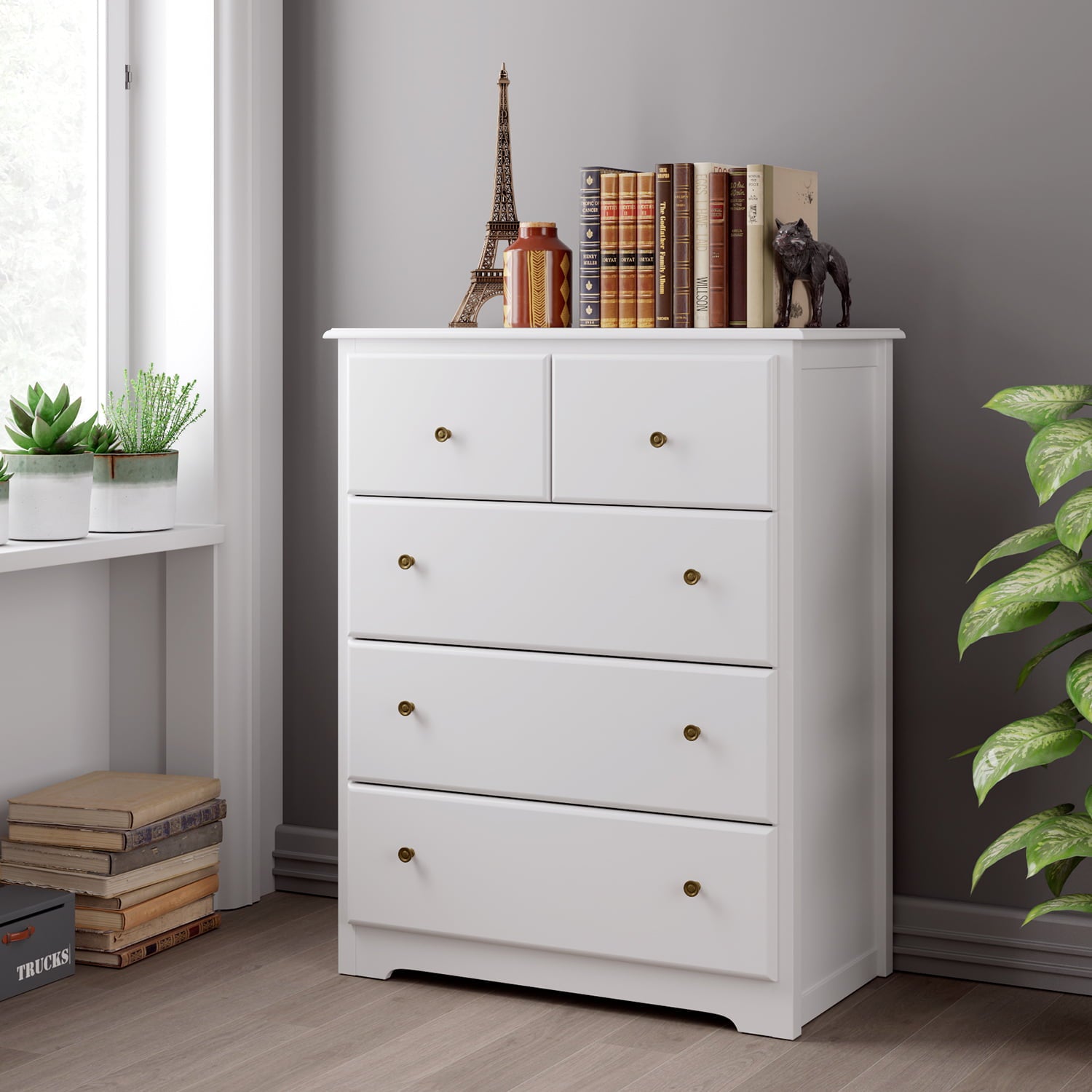 Homfa Horizontal Dresser, Modern Dresser of 5 Drawers, Dresser Chest with Easy Pull Handle for Bedroom, White Finish