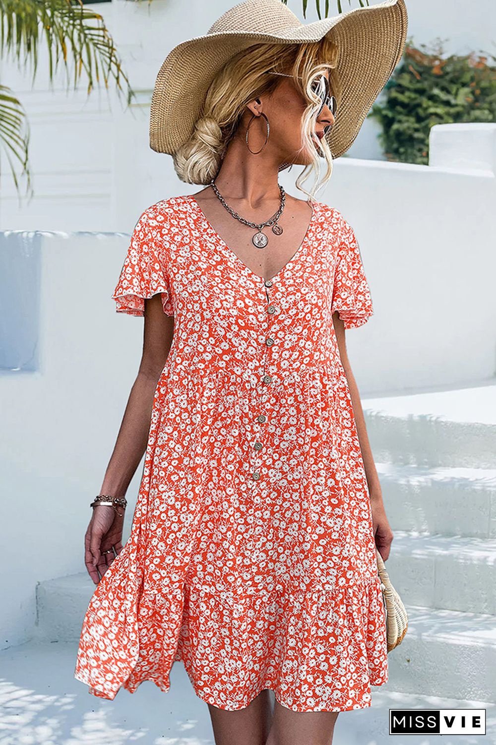 V Neck Button Short Sleeves Floral Dress