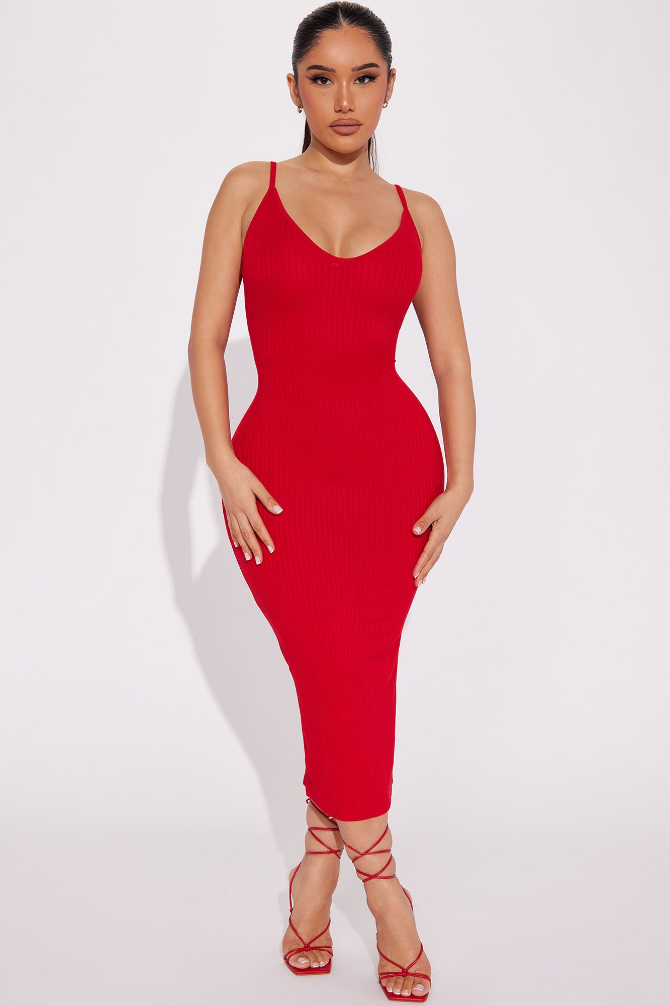 Brenda Ribbed Midi Dress - Red