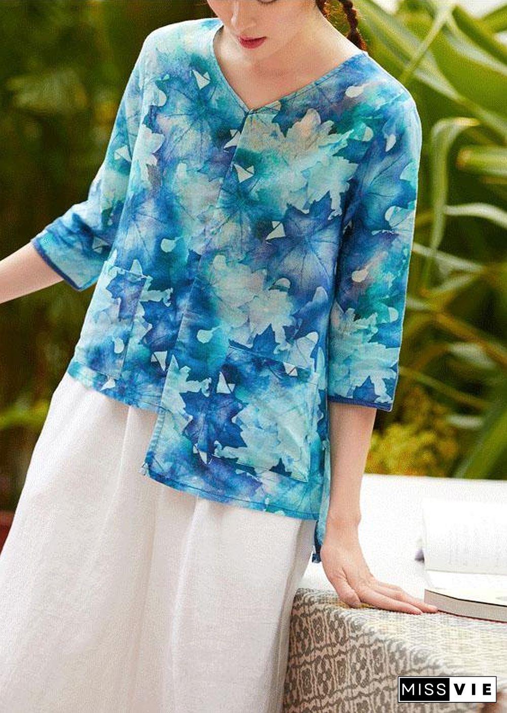 Women v neck half sleeve linen clothes For Women Shape blue prints shirt summer