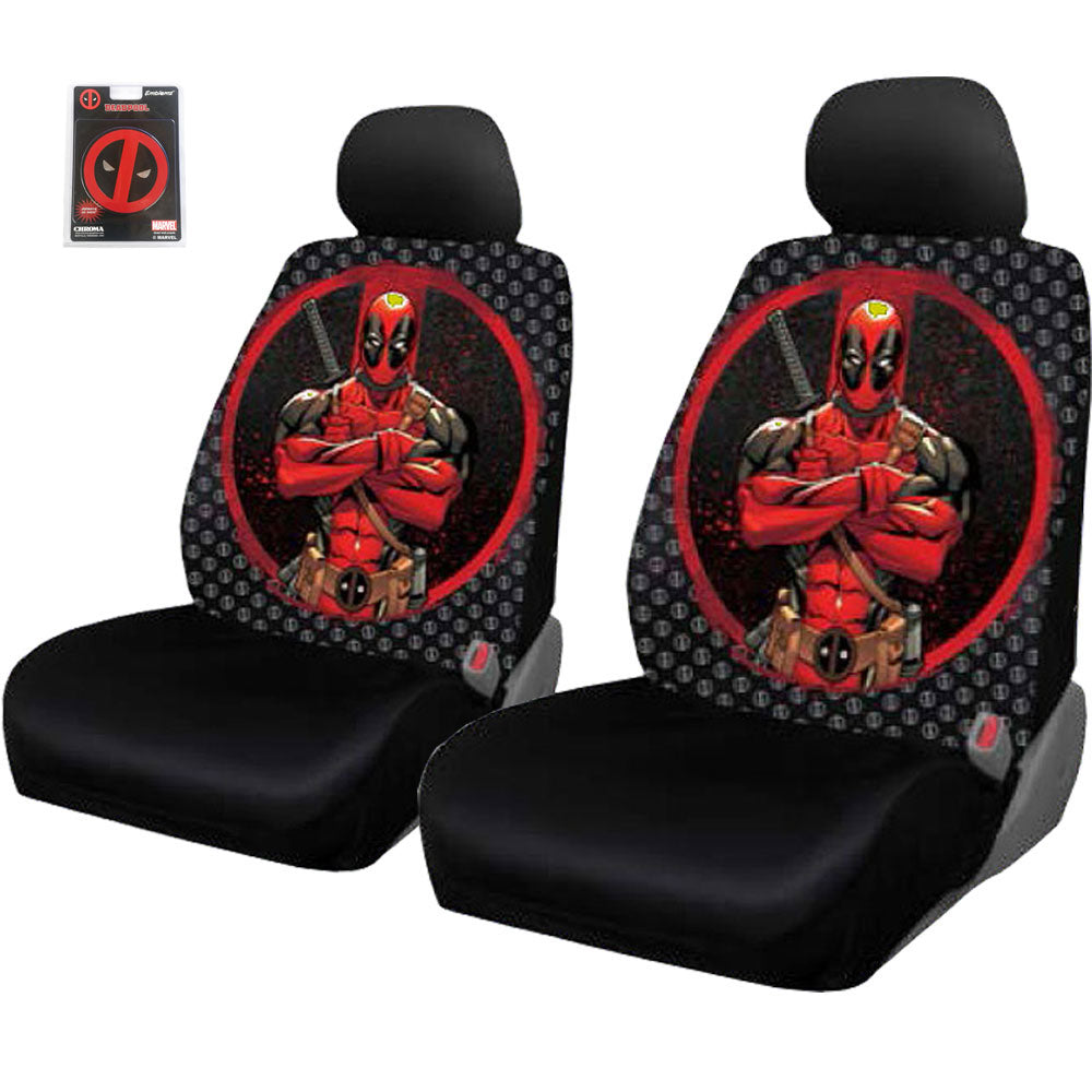 New Pair of Marvel Deadpool Polyester Fabric Automotive Car Truck SUV Seat Covers Set and 3D Decal